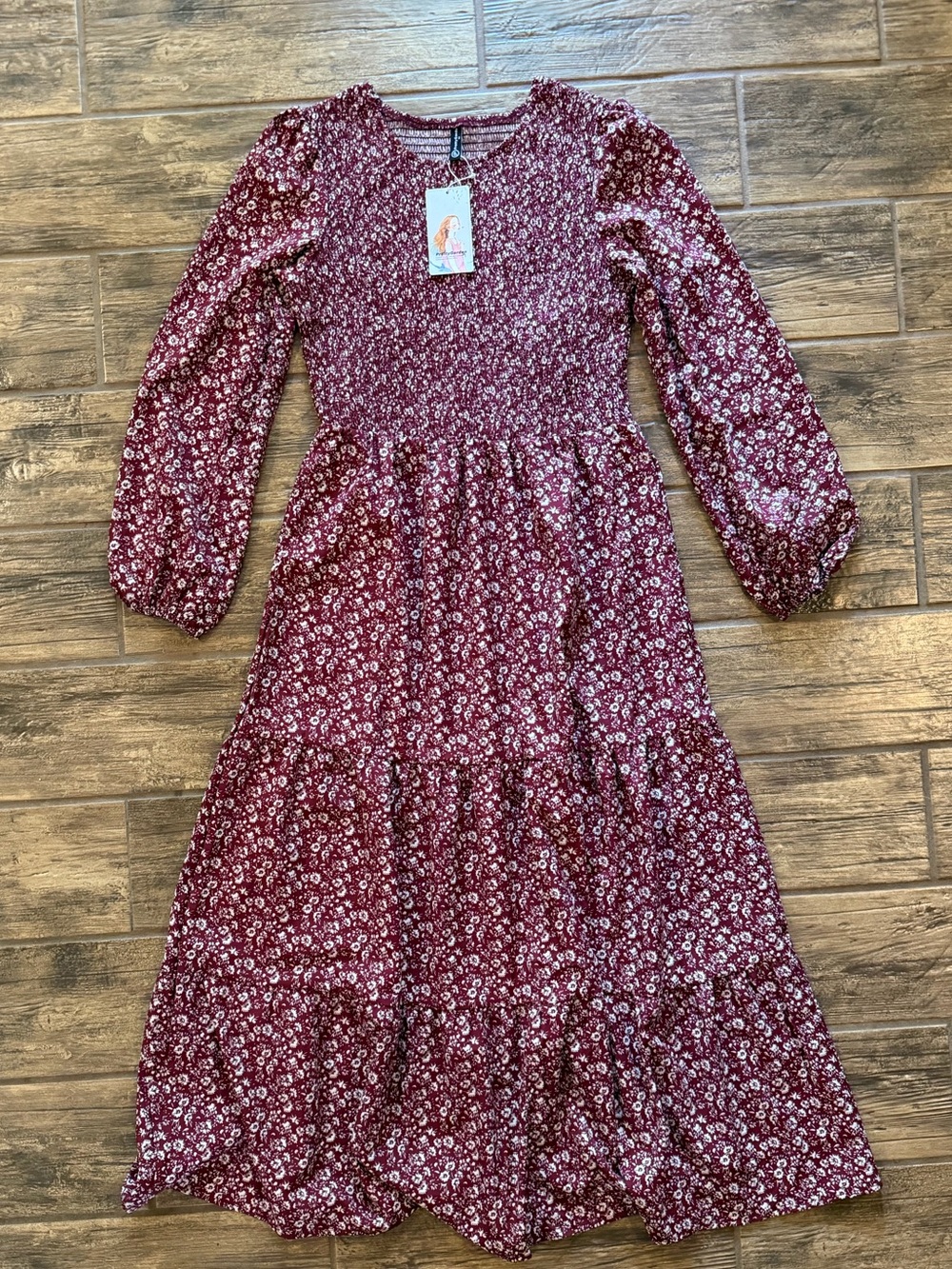 Floral Smocked Burgundy Maxi Dress with Long Sleeves